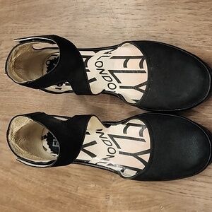 Fly London Piat Mary Jane Shoes Black Nubuck Leather Wedge size EU 37/US 6.5-7